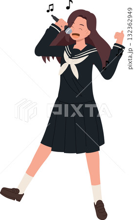 Japanese school girl. Girl Singing with Microphone. girl in school uniform singing joyfully with music notes in the air. 132362949