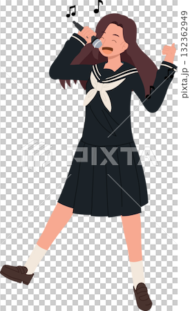 Japanese school girl. Girl Singing with Microphone. girl in school uniform singing joyfully with music notes in the air. 132362949