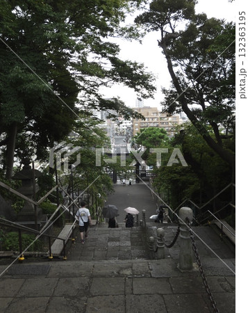 樹木のトンネル越しに見える街並みと雨の石段を下る人々 132363195