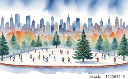 Seamless watercolor pattern of a winter skating rink, adorned with Christmas textures and festive elements 132363246