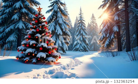 A watercolor Christmas tree in the snow, illuminated by sunlight, creating a festive winter background A watercolor Christmas tree in the snow, illuminated by sunlight, creating a festive winter background 132363254