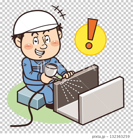 保護具を着用せずエアブラシで塗装作業をする工場作業員イラスト｜不安全行動・不安全状態・労働災害 132363259