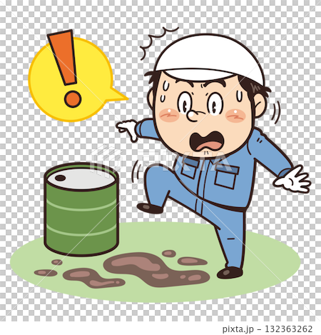 Illustration of a factory worker who is about to step on a leaking drum | Unsafe behavior, unsafe conditions, and industrial accidents Illustration of a factory worker who is about to step on a leaking drum | Unsafe behavior, unsafe conditions, and industrial accidents 132363262