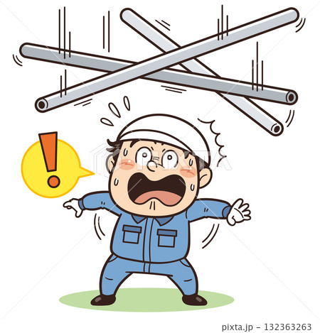 資材やパイプなどの落下物や飛来落下に驚く工場・現場の作業員イラスト｜不安全行動・不安全状態・労働災害 132363263