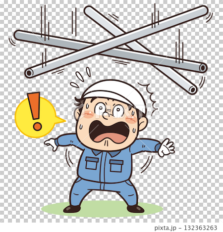 資材やパイプなどの落下物や飛来落下に驚く工場・現場の作業員イラスト｜不安全行動・不安全状態・労働災害 132363263