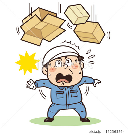 ダンボール等の落下物や飛来落下に驚いている工場・現場の作業員イラスト｜不安全行動・不安全状態・リスク 132363264