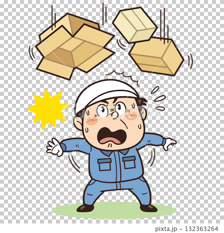 ダンボール等の落下物や飛来落下に驚いている工場・現場の作業員イラスト｜不安全行動・不安全状態・リスク 132363264