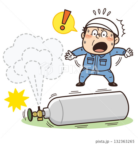ボンベが転倒してあわてている工場・現場の作業員イラスト|不安全行動・不安全状態・リスク・危険 ボンベが転倒してあわてている工場・現場の作業員イラスト|不安全行動・不安全状態・リスク・危険 132363265