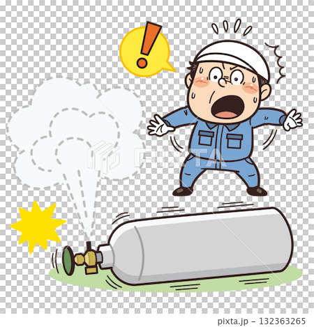 ボンベが転倒してあわてている工場・現場の作業員イラスト|不安全行動・不安全状態・リスク・危険 ボンベが転倒してあわてている工場・現場の作業員イラスト|不安全行動・不安全状態・リスク・危険 132363265