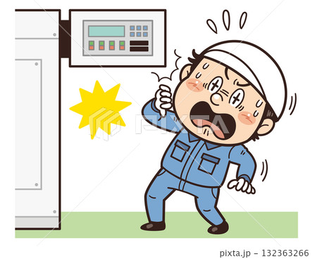 機械の鋭利な角に顔をぶつけそうになる工場・現場の作業員イラスト｜不安全行動・不安全状態・労働災害 132363266