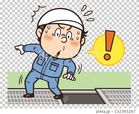 Illustration of workers at a factory or work site at risk of falling due to the absence of grating | Unsafe behavior, unsafe conditions, and industrial accidents 132363267