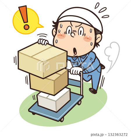過度に荷物を積載して台車を押す工場作業員イラスト｜不安全行動・不安全状態・リスク・労働災害 132363272