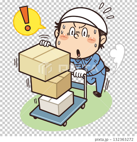 過度に荷物を積載して台車を押す工場作業員イラスト｜不安全行動・不安全状態・リスク・労働災害 132363272
