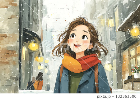 美優シリーズ：雪が降る街を歩く若い女性 132363300
