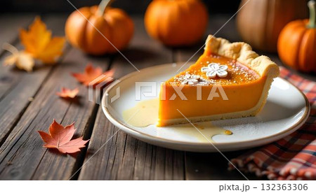 A slice of pumpkin pie rests on a plate, accompanied by pumpkins, reflecting a warm autumn atmosphere A slice of pumpkin pie rests on a plate, accompanied by pumpkins, reflecting a warm autumn atmosphere 132363306