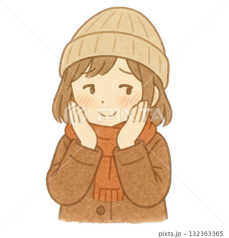 【人物】照れているコートを着た女性のイラスト 132363365