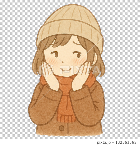 【人物】照れているコートを着た女性のイラスト 132363365