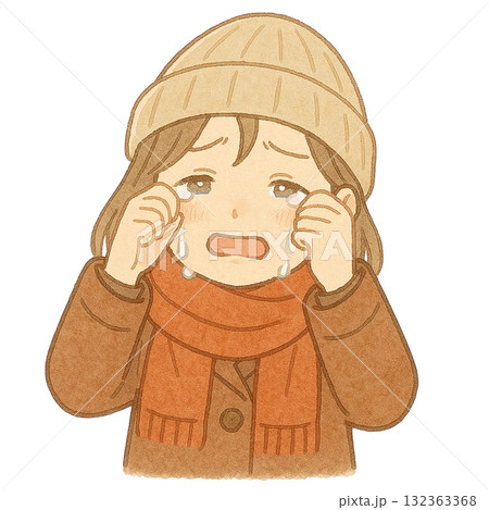 【人物】嬉し泣きをするコートを着た女性のイラスト 【人物】嬉し泣きをするコートを着た女性のイラスト 132363368