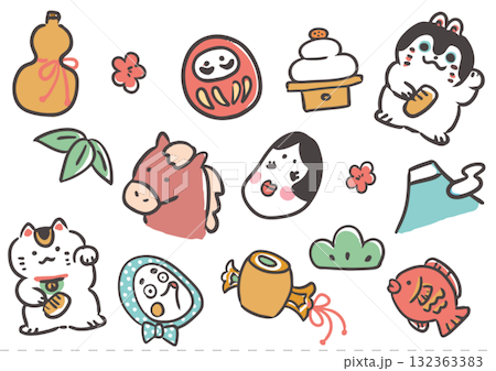Cute hand-drawn illustration material set for New Year's 132363383