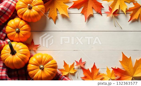 Warm autumn background showcasing pumpkins and colorful leaves, creating a festive and cozy fall ambiance Warm autumn background showcasing pumpkins and colorful leaves, creating a festive and cozy fall ambiance 132363577