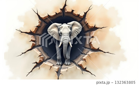 Soft Watercolor Elephant Painting Breaking Through Abstract Wall 132363805