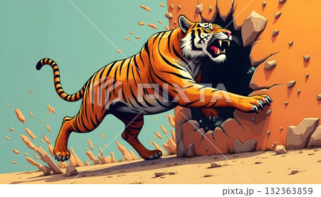 Exaggerated Pop Art Tiger Breaking Through Bricks In 3D Effect 132363859