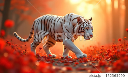 Biomechanical White Tiger Walking Across Meadow Of Red Blossoms Biomechanical White Tiger Walking Across Meadow Of Red Blossoms 132363990