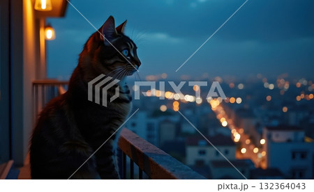 Tightrope Cat Walking On Balcony Edge Overlooking Nighttime City Skyline 132364043