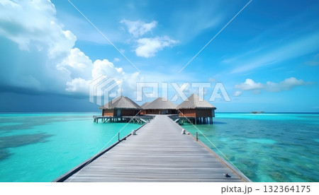 Wooden Pathway Reaching Cozy Oceanfront Huts In Tropical Paradise 132364175