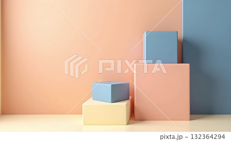 Warm Beige and Blue Blocks Form Modern 3D Design Composition 132364294