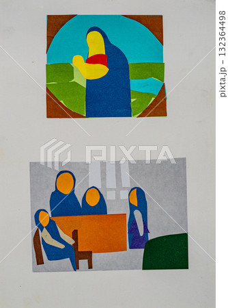 Colorful painted art showcasing figures in serene settings and daily life Colorful painted art showcasing figures in serene settings and daily life 132364498