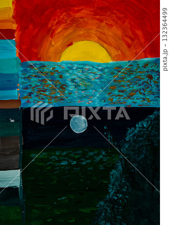 Vibrant sunset painting with a moon over calm waters in deep colors 132364499