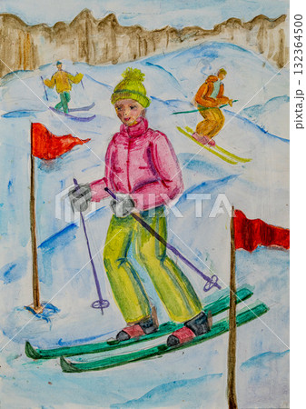 Skier enjoying a day on snowy slopes in colorful winter attire Skier enjoying a day on snowy slopes in colorful winter attire 132364500