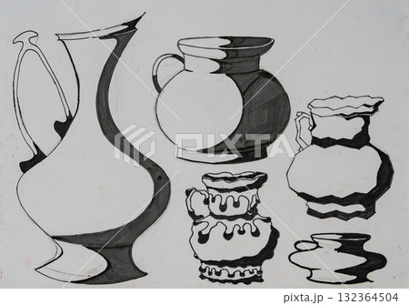 Creative black and white painting of various artistic pottery shapes Creative black and white painting of various artistic pottery shapes 132364504