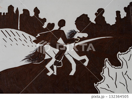 Rider gallops through a silhouette landscape at dusk in a painted artwork Rider gallops through a silhouette landscape at dusk in a painted artwork 132364505