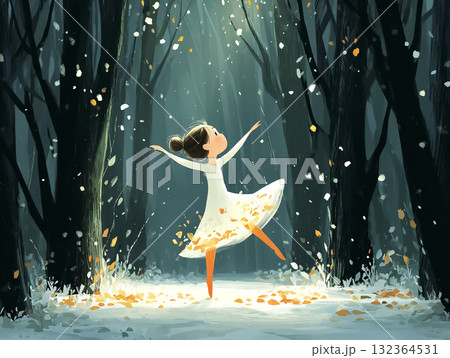 美優シリーズ：若い女性が雪の光と共に踊るシーン 132364531