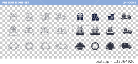 禮物、送貨和獎勵圖標集（線條和輪廓版本） 132364926