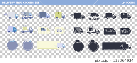 配達・配送・送料無料・トラックアイコンセット（色塗り・シルエットバージョン) 132364934