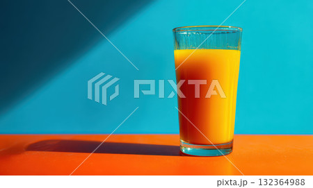 Orange juice glass, healthy drink, vibrant color, refreshing, sunlight, blue background 132364988