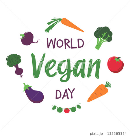 World Vegan Day Emblem Vector. Healthy Food Celebration Badge Vector 132365554