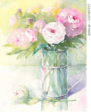 手描きしたガラスの花瓶の水彩画 手描きしたガラスの花瓶の水彩画 132365557