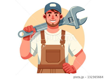 Smiling Mechanic Holding Adjustable Wrench 132365664