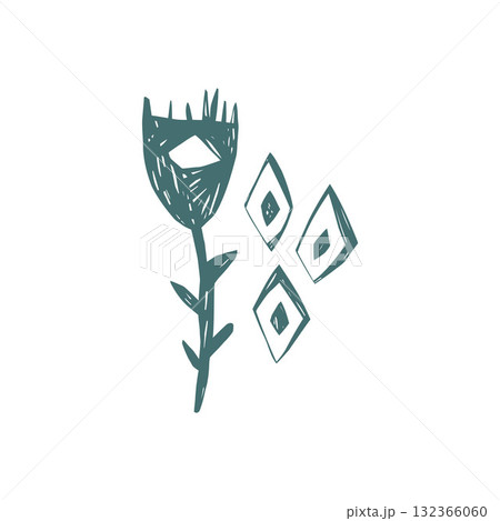 Scandi hand drawn flower with geometric diamond shapes in nordic folk minimal style for modern decor and pattern design 132366060
