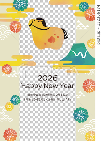 2026 馬年新年賀卡水彩畫馬、菊花和富士山 132366174