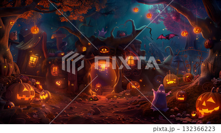 かぼちゃランタンが灯るハロウィンの夜の森 かぼちゃランタンが灯るハロウィンの夜の森 132366223