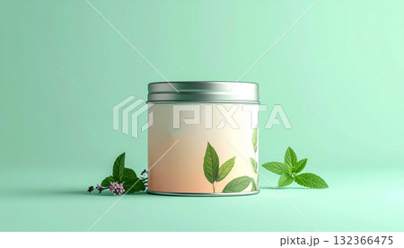 herbal tea tin can with blank label and green botanical pattern placed on mint and pink pastel background, representing eco packaging, organic wellness, and modern natural branding 132366475