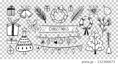 Set of isolated Christmas decoration elements in black outline and white plain for holiday seasonal on transparent background. 132366673