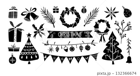 Set of isolated Christmas decoration elements in black silhouette for holiday seasonal on transparent background. Set of isolated Christmas decoration elements in black silhouette for holiday seasonal on transparent background. 132366674