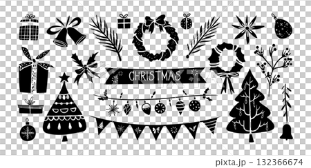 Set of isolated Christmas decoration elements in black silhouette for holiday seasonal on transparent background. 132366674