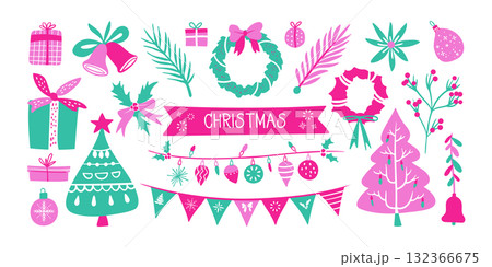 Set of isolated Christmas decoration elements in pink and green for holiday seasonal on transparent background. Set of isolated Christmas decoration elements in pink and green for holiday seasonal on transparent background. 132366675